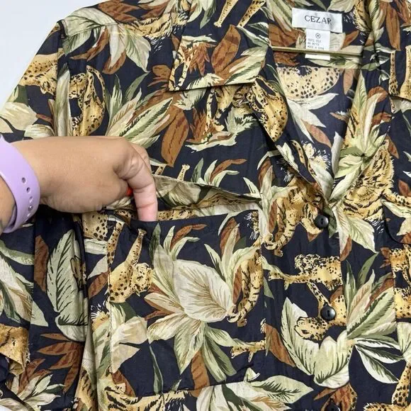 Vintage 100% Silk Top Medium 90s Tiger Cheetah Novelty Hawaiian Button Shirt - Picture 5 of 7